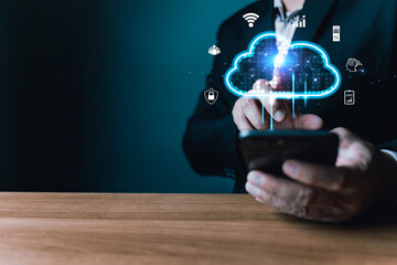 Hand touch icon cloud computing technology.data storage center system sharing management for upload...