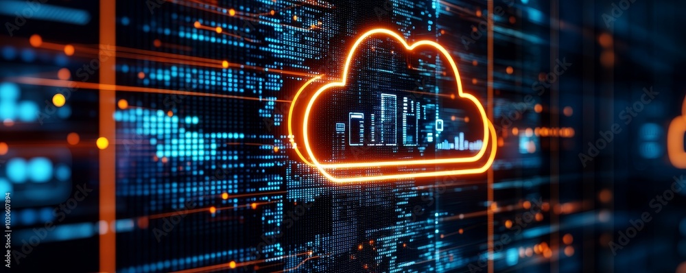 Poster a glowing cloud icon amidst a digital background, symbolizing cloud computing and data storage.