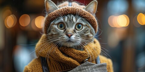 Obraz premium Cute Cat Wearing a Knitted Hat and Scarf