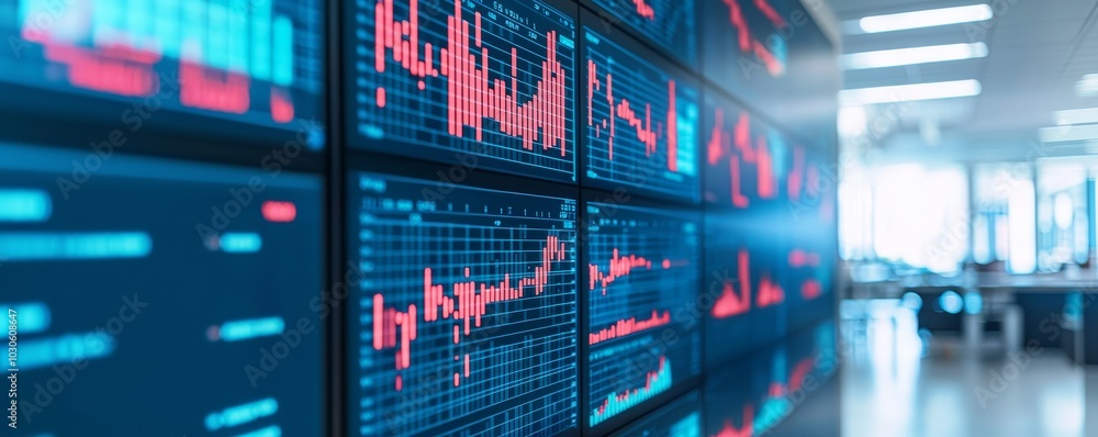 Poster a high-tech workspace featuring digital screens displaying financial data and graphs in vibrant colo