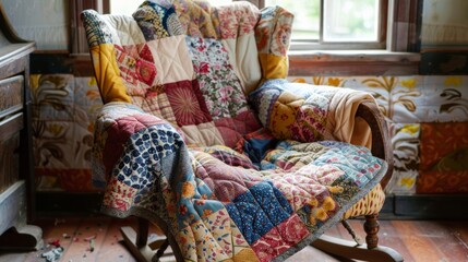 A beautiful quilt made from different patterned fabrics is dd over a vintage rocking chair showcasing classic needlework techniques.