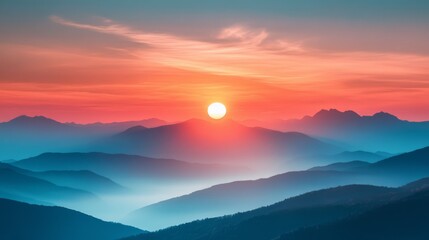 Obraz premium A pastel sun rising behind mountains, symbolizing hope and a new day. Pastel Sunrise Behind Mountains in Tranquil Landscape