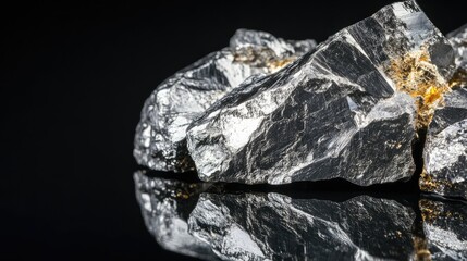 Fototapeta premium raw material Platinum and Chrome Ore rock isolated on black reflective background.