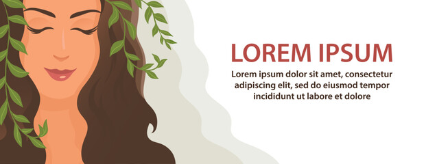 Beautiful young woman symbol of spring. A girl with long hair and climbing green plants on her head. Time of year. Awakening of nature. Vector illustration banner with empty space for text