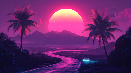 A digital illustration of a winding road through a retro-futuristic landscape, featuring palm trees and a glowing orb in a vibrant pink and purple sky.