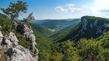 Scenic mountain landscape with lush greenery.