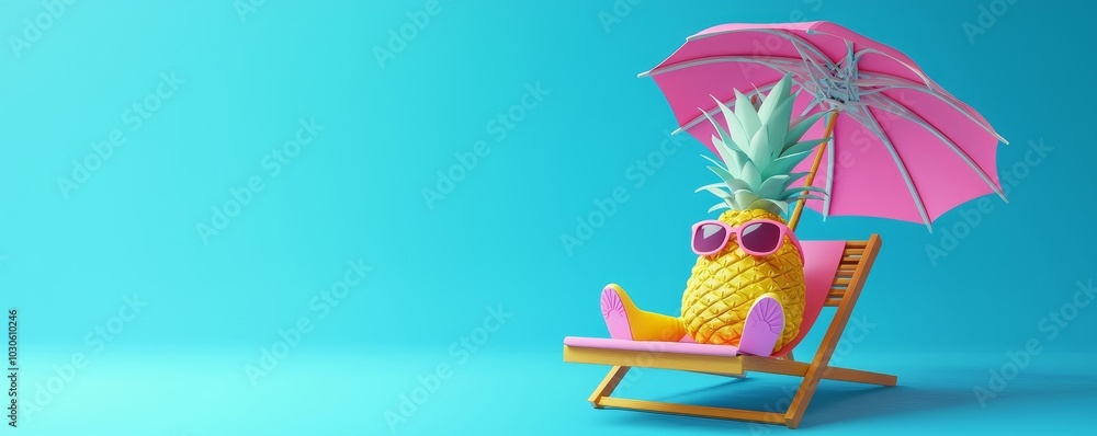 Aufkleber 3d rendering of pineapple with sunglasses resting on the beach and drinking cocktail on blue backgro
