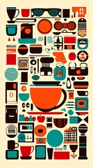 A colorful pattern of various everyday objects, including a coffee cup, sunglasses, binoculars, a camera, and more.