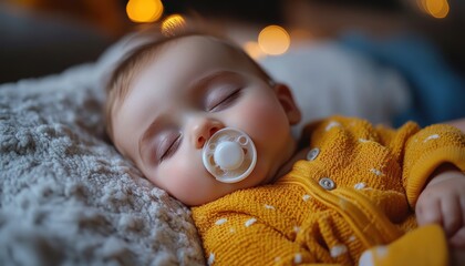A serene image of a newborn baby boy peacefully sleeping with a pacifier. The warm atmosphere and cozy blanket create a perfect picture of innocence and comfort.