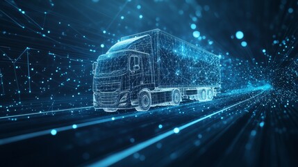 Futuristic Transportation Autonomous Truck on Digital Road, Glowing Lines Connection, 3D Rendering