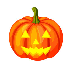 Halloween pumpkin in cartoon style. Vector illustration of an orange funny pumpkin with slits for eyes, nose, mouth isolated on white background. Jack-o'-lantern. Halloween symbol.