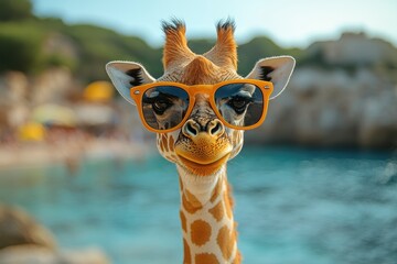 Obraz premium Realistic Photo of a Funny Giraffe Wearing Sunglasses at the Beach with a Summer Background