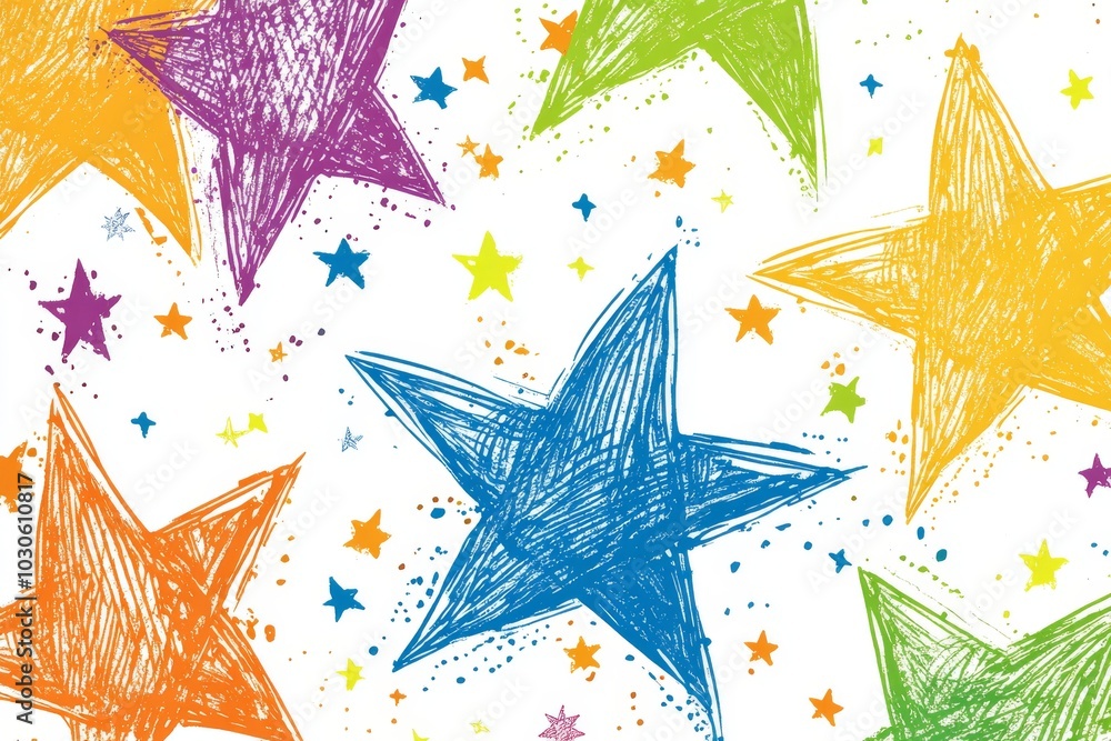 Poster vibrant hand drawn stars in various colors scattered across a white background featuring dynamic bru