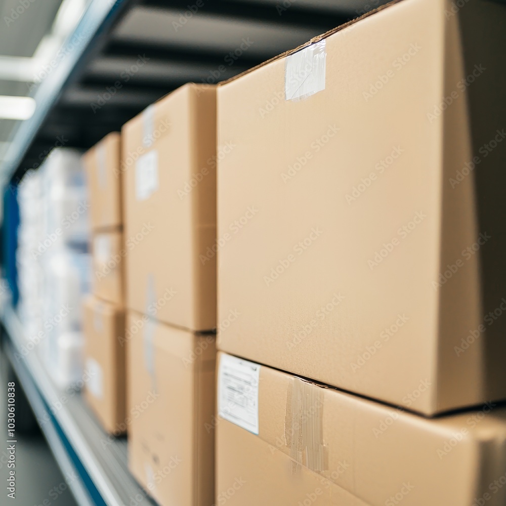 Poster a series of neatly stacked cardboard boxes on a shelf in a storage or warehouse setting.