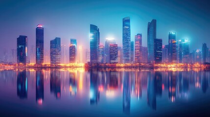 Modern skyline with illuminated skyscrapers reflecting off a calm surface in a digital landscape. 