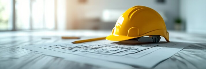 Bright yellow hard hat rests on construction plans in a well lit modern workspace