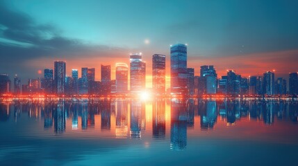 Obraz premium Modern skyline with illuminated skyscrapers reflecting off a calm surface in a digital landscape. 