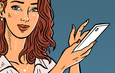 Beautiful girl with a phone. Portrait of a young woman. Communication, calling, searching for information. Specialist consultant. Help service Vector illustration. Pop art style