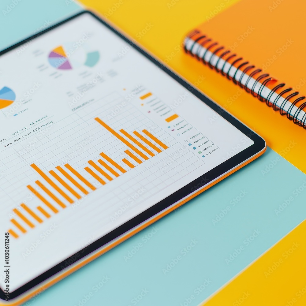 Poster a sleek tablet displaying colorful graphs and charts next to a spiral notebook on a vibrant, multico
