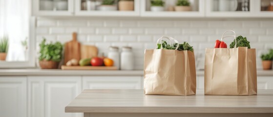 Two shopping bags filled with healthy fresh produce rest on a kitchen counter, showcasing a vibrant lifestyle focused on nutrition and wellness.