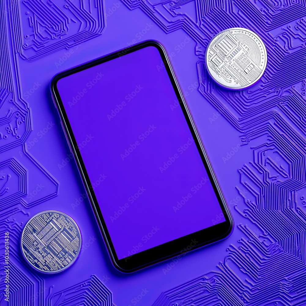 Poster a smartphone on a purple background flanked by two circular coins featuring circuit patterns, evokin