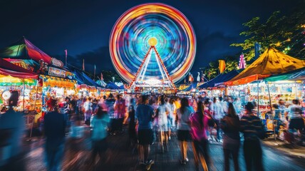 Brightly lit carnival rides at night