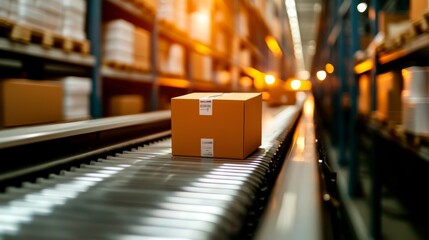 A solitary brown box moves along a conveyor belt in a warehouse, surrounded by shelves stocked with goods, illuminated by warm, ambient light.