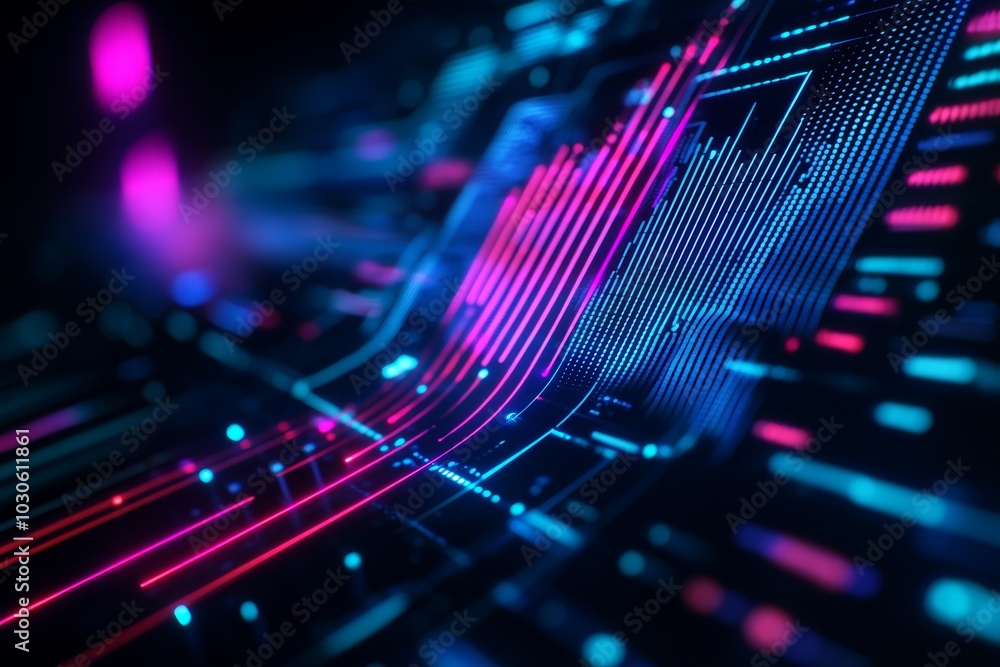 Poster a vibrant abstract design featuring colorful lines and data points, suggesting a digital landscape w