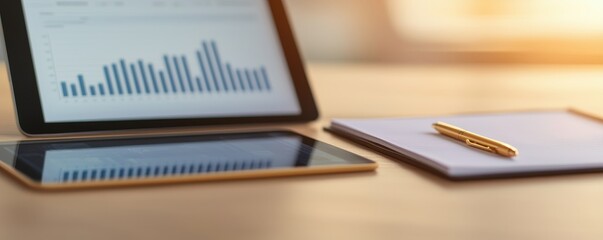A tidy workspace featuring a tablet displaying graphs, alongside a notepad and pen, illuminated by warm sunlight.