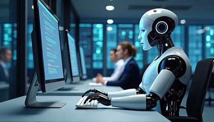 Robots with artificial intelligence operating computers in a contemporary office or data center. In the office, humans and a futuristic robot with artificial intelligence coexist. Business assistance 