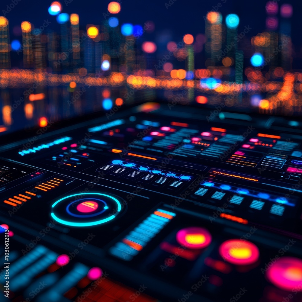 Poster a vibrant digital interface showcases interactive elements and glowing controls against a blurred ci