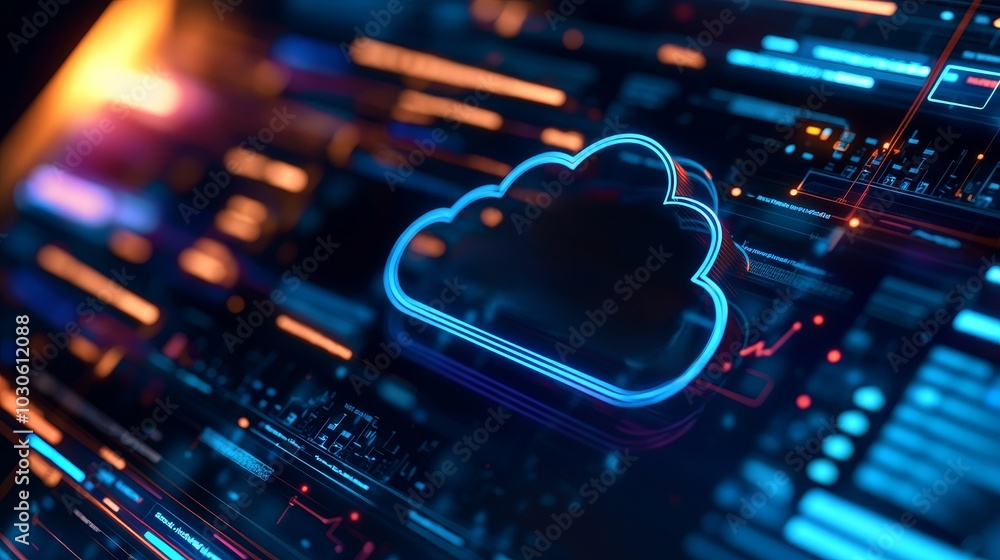 Poster a vibrant digital representation of a cloud symbol overlaid on futuristic circuitry, highlighting th