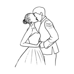 Fototapeta premium drawing couple kissing man and woman in profile, holding hands - hand drawn line sketch