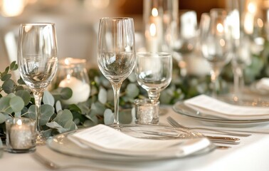Elegant table setting for a wedding reception with candles and greenery in soft lighting