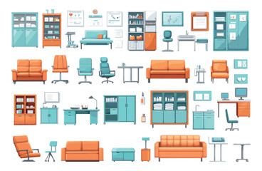Doctor cabinet interior elements cartoon vector set. Sofa chair table plants pc posters folders computer medicine locker document hospital medical clinic stuff, isolated artworks on white background