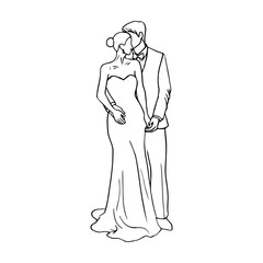 drawing of a loving couple standing in full growth, cuddle each other, touching faces and holding hands - hand drawn line sketch