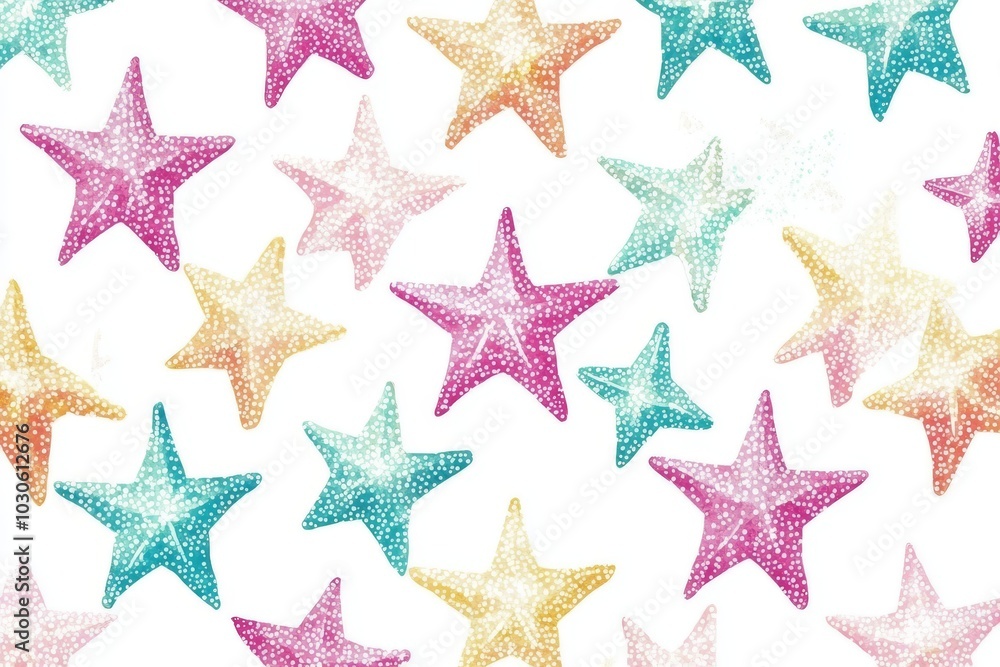 Poster pattern of pastel colored starfish with soft textured details on a white background arranged in a se