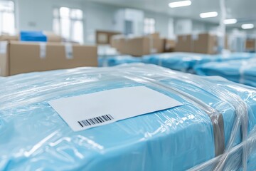 A warehouse filled with neatly stacked blue-wrapped packages, showcasing organized inventory and shipping labels.