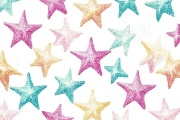 Pattern of pastel colored starfish with soft textured details on a white background arranged in a seamless repeating layout evoking a calm coastal vibe with gentle hues