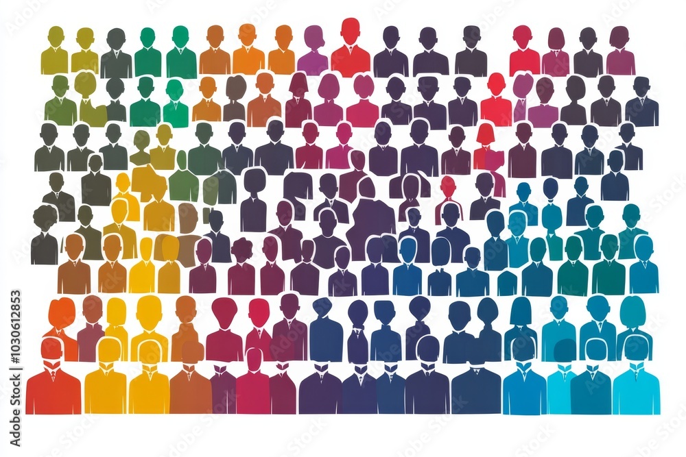 Poster dense grid of small colorful human icons arranged in rows forming a rainbow like pattern that symbol