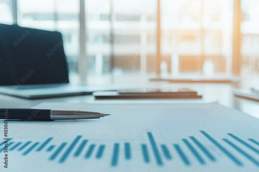 Poster the image features a close-up of a pen on a financial report with graphs, suggesting a professional 