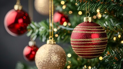 Fototapeta premium The image features a beautifully decorated Christmas tree with shiny red and gold ornaments and warm glowing lights, evoking a festive atmosphere.