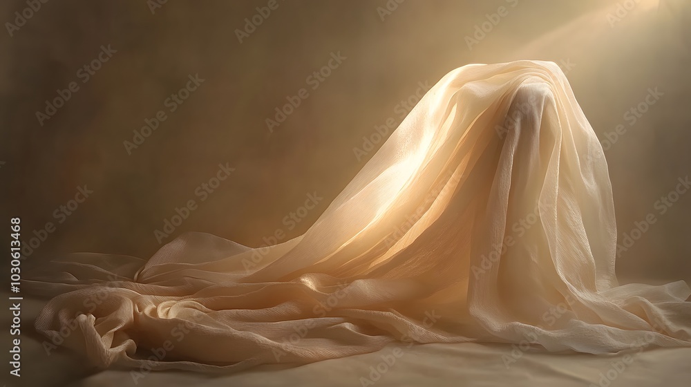 Poster 8. a soft, textured fabric draped over an empty surface, illuminated by diffused light