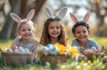 Three children wearing bunny ears celebrate Easter with colorful eggs and flowers in a park