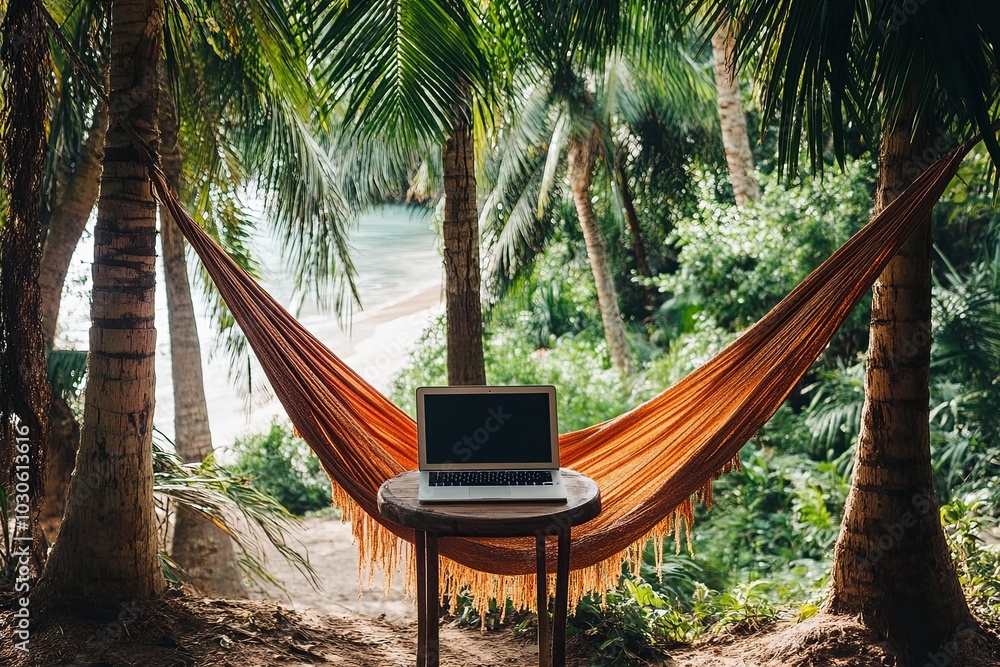 Poster a laptop resting on a table in a hammock surrounded by palm trees near a beach on a sunny day. gener