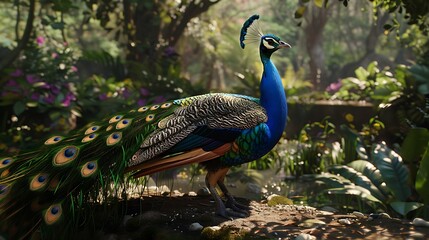 Obraz premium A vibrant peacock displaying it's magnificent plumage in a lush garden.