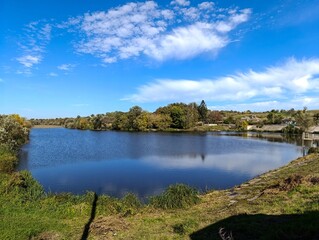 A large body of water surrounded by grass and trees