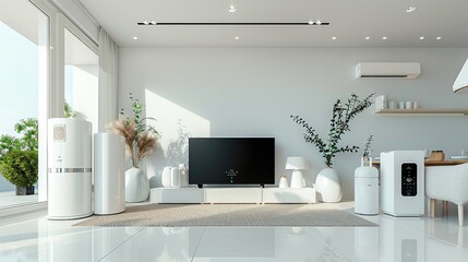 A modern living room where subtle technology devices are integrated seamlessly, like a smart thermostat, remote control appliances, and security.