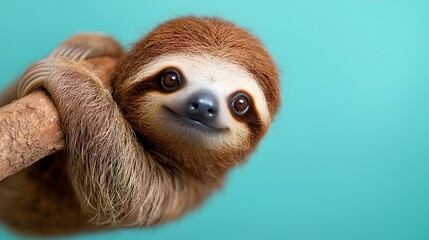 Fototapeta premium Relaxed and Peaceful Studio Shot of a Sloth Hanging from a Branch with Beige Background and Pastel Hues Capturing the Sloth s Calm and Tranquil Demeanor in a Minimalist Elegant Setting