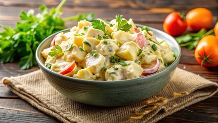 Homemade potato salad with mayonnaise dressing in a panoramic setting